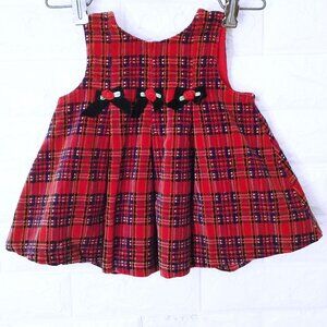 Vintage 80s Baby Girl(3-6mos) Dress Pinafore Plaid Velvet Rose Bows Buttons Red